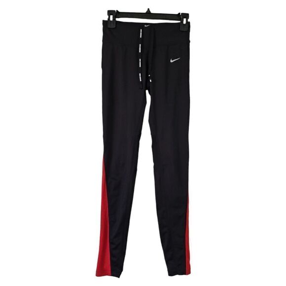 Nike Dry Fit Running Full Length Drawstring Zip Pocket Black and Red Leggings S - Picture 1 of 11